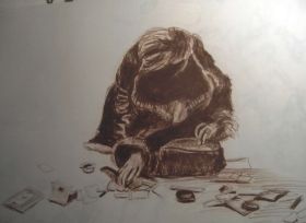 Der Sinn des Lebens, Rötelstift auf Papier, 60x40, nach Motiv in der SZ Januar 2008, Artikel zu einer Kunstmesse.jpg